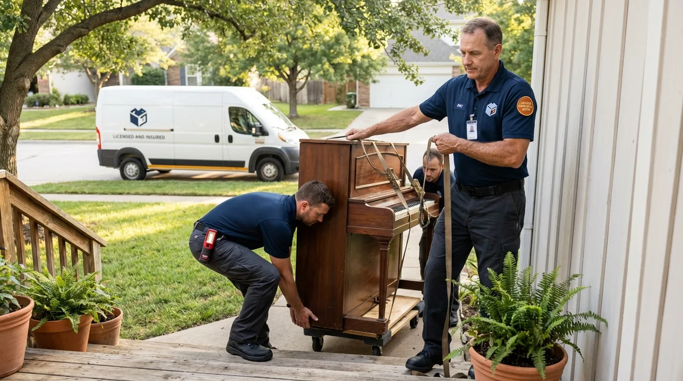 Licensed piano movers securing grand piano in Elizabeth City, NC