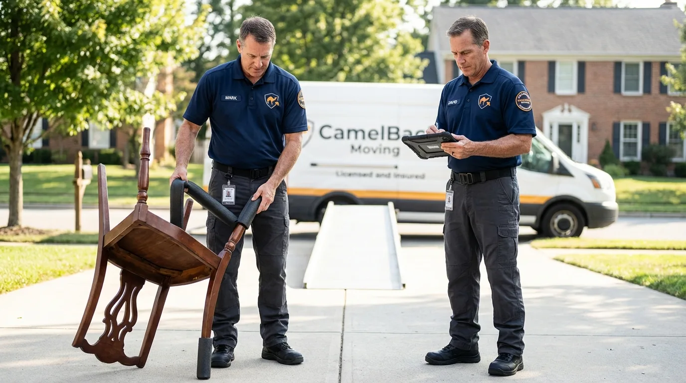 Movers inspecting furniture for damage prevention before loading in Elizabeth City, NC