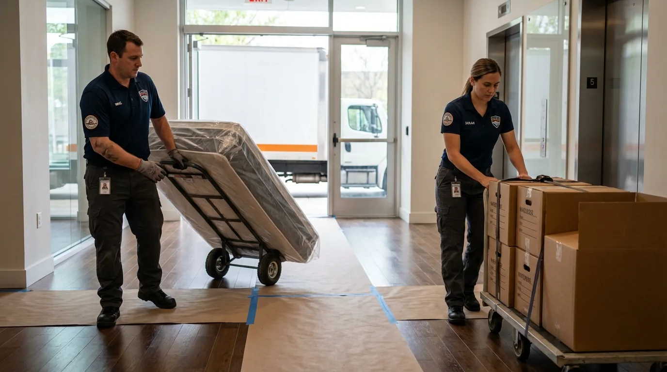 Professional apartment movers loading elevator in Elizabeth City, NC