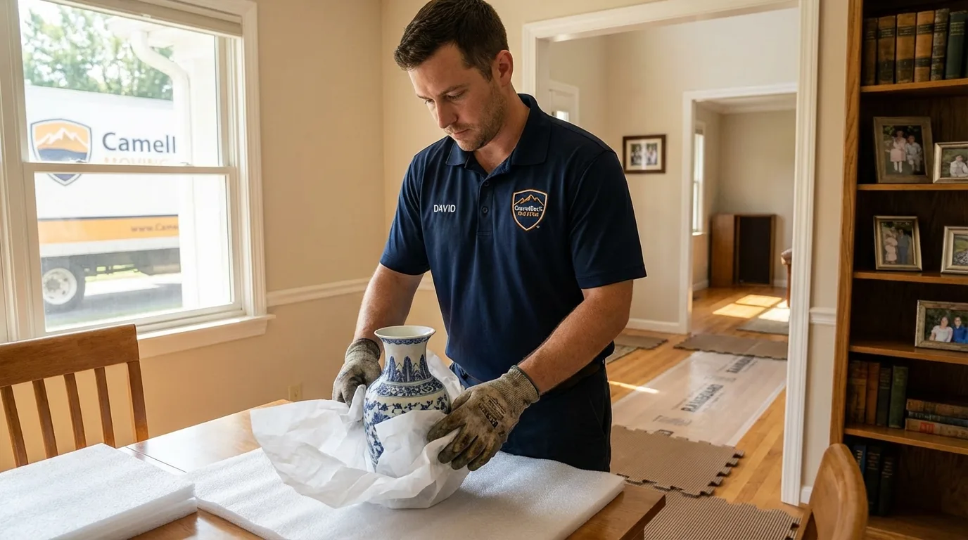 Professional crew carefully wrapping antique vase for senior downsizing move in Elizabeth City, NC